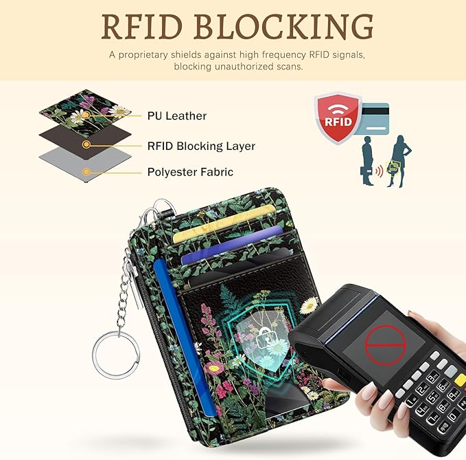 Wildflower Credit Card Holder Small Wallet Women, Flowers Slim RFID Blocking Wallet Woman Keychain with Zipper Coin Pocket, Front Pocket Thin Travel Card Case with ID Window for Ladies Gifts