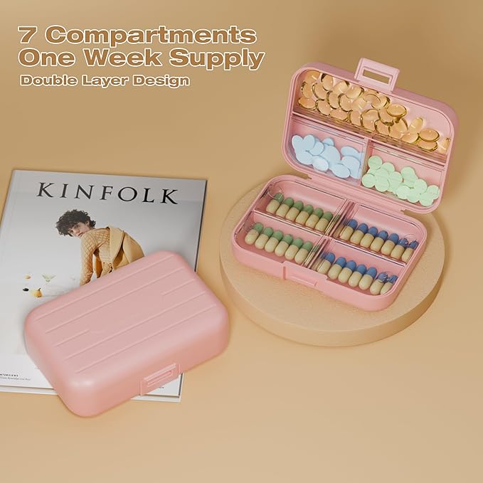 Travel Pill Box, Double Layer 7-Compartments Large Pill Organizer, Portable Weekly Pill Case Container for Pocket, 7 Day Compact Medicine Holder for Vitamins, Fish Oils, Supplements Pink
