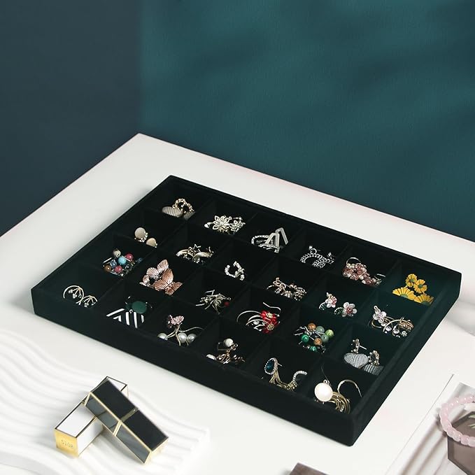 Coward 2PC Black Velvet Stackable 24 Grid Jewelry Organizer Tray Necklace Earring Box Storage Drawer Ring Earring Display Holder (24grid+24grid)
