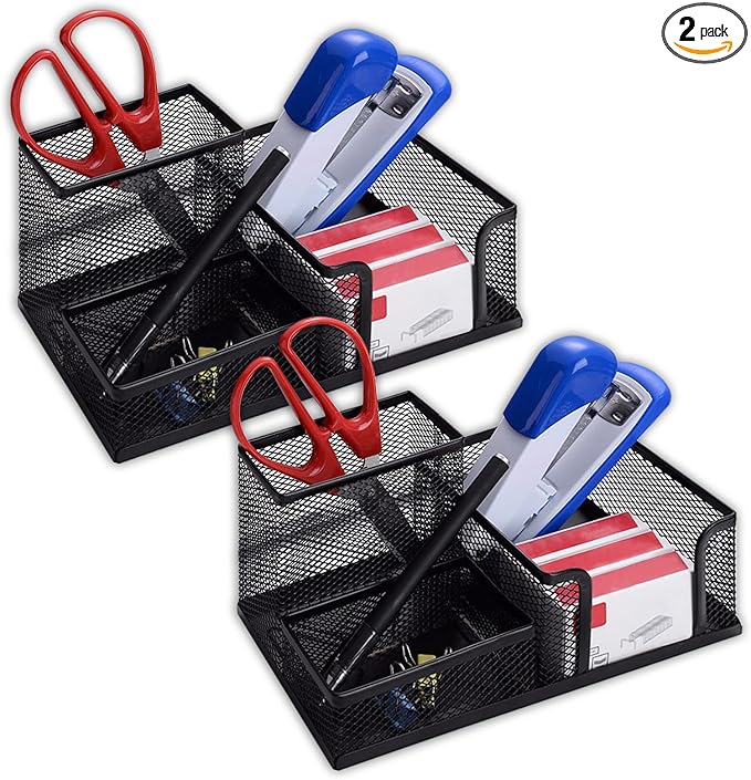 2 Pcs Metal Pen Organizer for Desk with 3 Compartments, Office Desktop Organizer Pencil Cup Caddy for Stationery Marker Storage School Home Supplies(Black，Silver (Black)