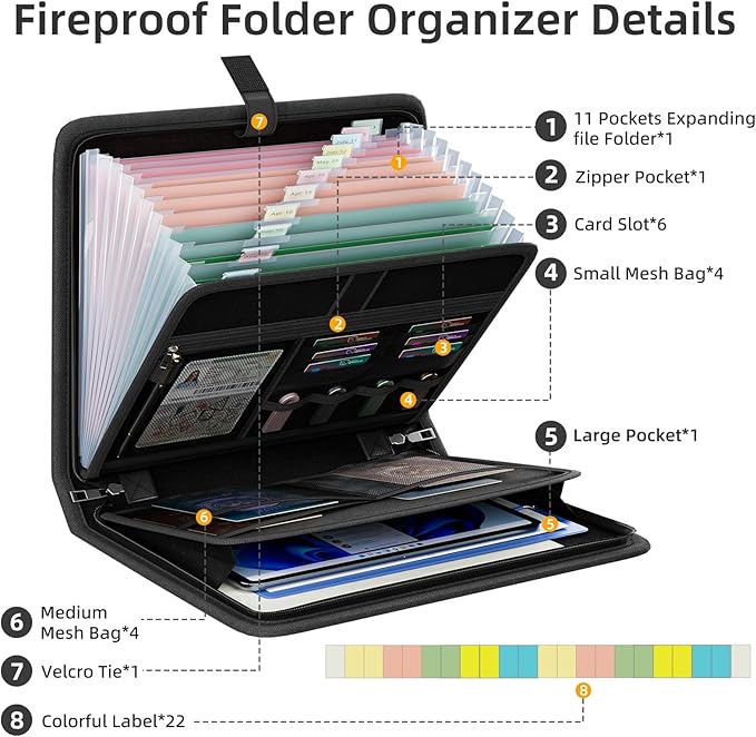 Fireproof Accordion File Organizer, Portable Expanding File Folder with Waterproof Zipper&Labels, Black Document Organizer with 13 Pockets, File Organizer for Important Document/Paper Storage