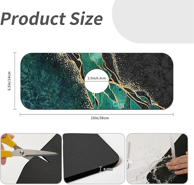 Kitchen Sink Splash Guard, Black and Green Gold Marble Faucet Mat Sink Gadgets - Super Absorbent Fast Drying Mat Drip Catcher for Kitchen, Bathroom, Sink Mat, Dish Drying Mat, Bathroom (15" x 5.5")