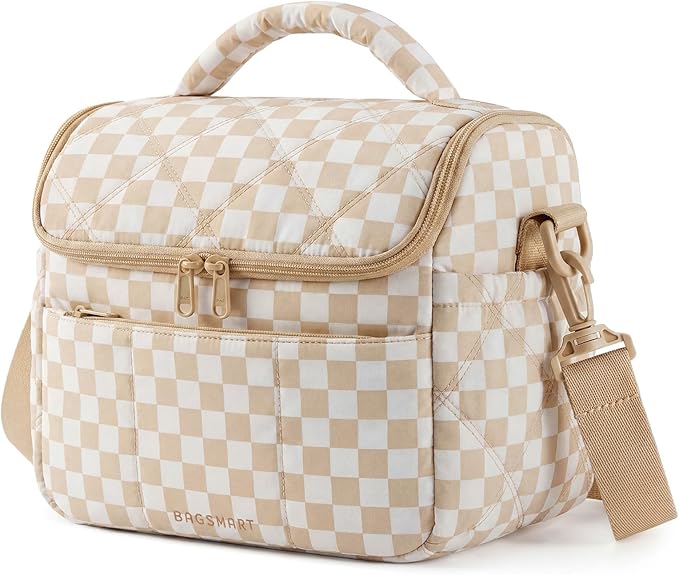BAGSMART Insulated Lunch Bags for Women, Cute Quilted Lunch Box, Lightweight Puffy Padded Waterproof Lunch Tote, Reusable Lunch Cooler for Work Picnic Travel, Brown Checkerboard