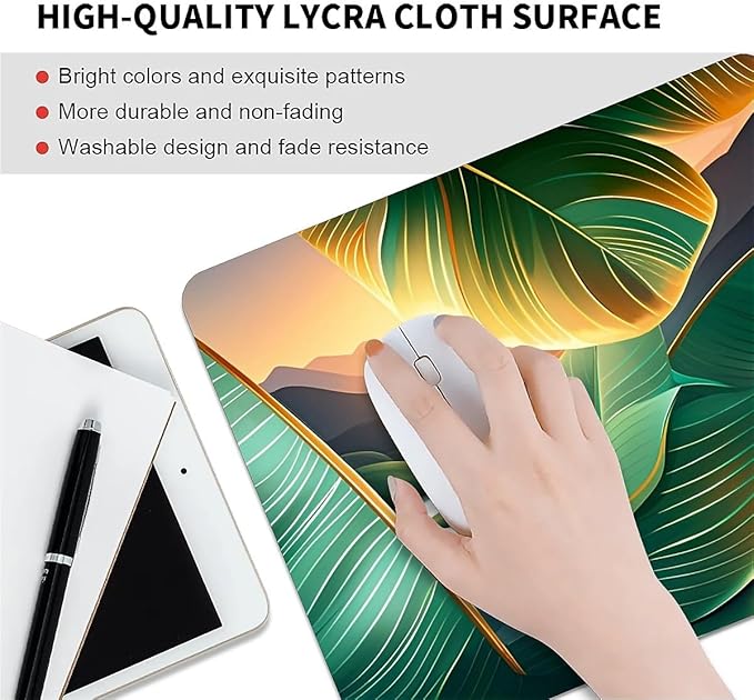 Square Mouse Pad Tropical Leaf & Mountain Sunset, Personalized Premium-Textured Custom Mouse Mat Design, Washable Mousepad Cloth, Non-Slip Rubber Base Computer Mouse Pads for Wireless Mouse