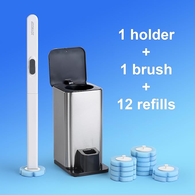 JOYMOOP Flat Mop and Bucket Set with Microfiber Pad, 12 Disposable Toilet Brushes with Stainless Steel Holder, Multi-Functional Cleaner for Household & Commercial Use, Floors, Windows & Toilets