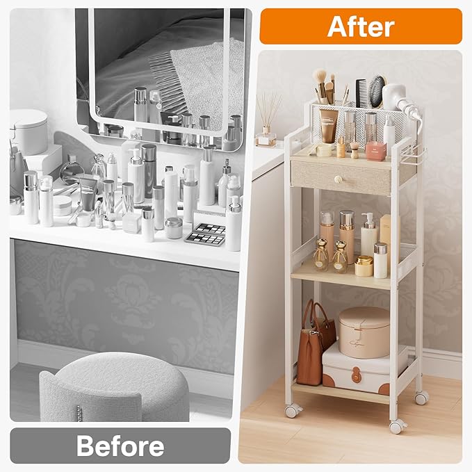 3-Tier Bathroom Shelf with Drawer, 12.8in Large Floor Makeup Organizer, Cosmetics Display Case Holder for Hair Tools, Skincare, Kitchen, Bathroom, Laundry Room Organization