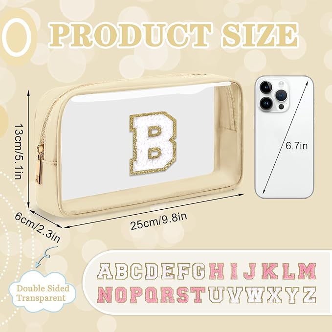 Small Clear Personalized Initial Makeup Bag,Nylon Preppy A-Z Chenille Letter Patch Cosmetic Pouch Beach Toiletry Bag,Waterproof Zipper Travel Purse Storage Bag Organizer for Women Girls(Beige-White B)