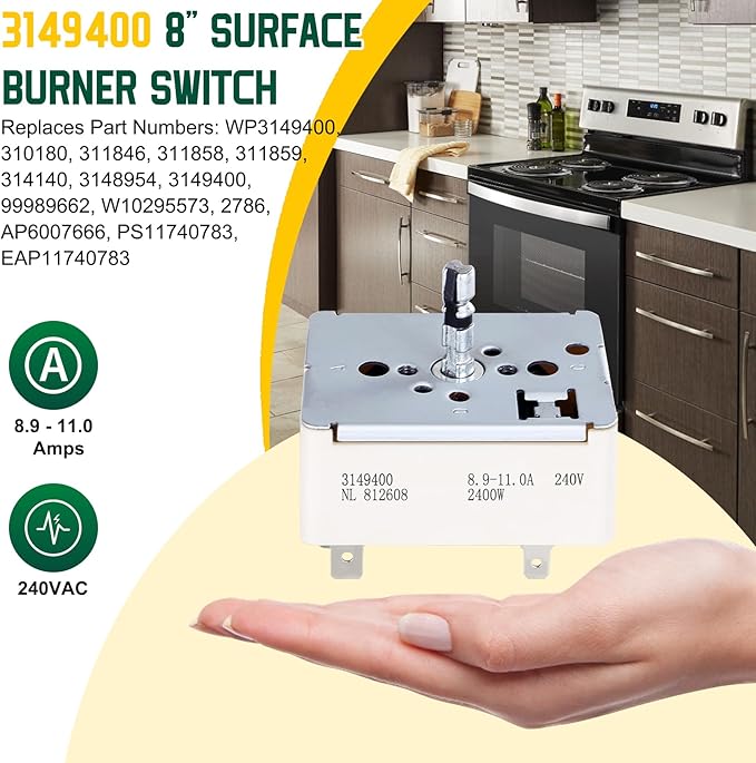 WP3149400 3149400 3148954 3148953 Range Burner Infinite Control Switch (8 Inch), Replace for WP3149404, 3148954, 314140, W10295573, 99989662, 311858, 311859, 310180, 311846, 3149400 Fits for Whirlpool