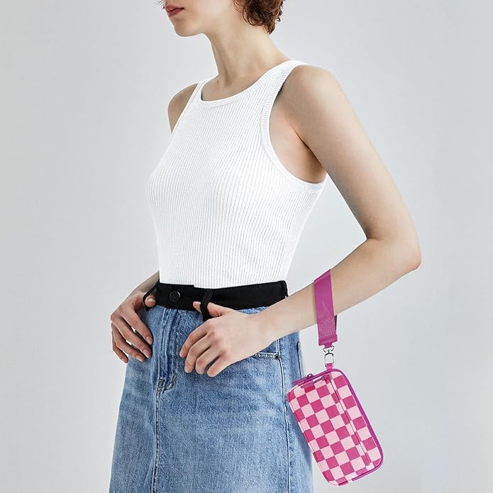 Checkered WristleWallets for Women, RFID Wallet Crossbody with 4 Zippers, Credit Card Holder Cell Phone Organizer