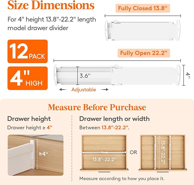 Lifewit 4" High 12 Pack Drawer Dividers, 13.8-22.5" Drawer Divider for Clothes, Adjustable Dresser Drawer Organizers, Plastic Drawers Separators for Clothes, Bedroom, Bathroom, Kitchen, Office