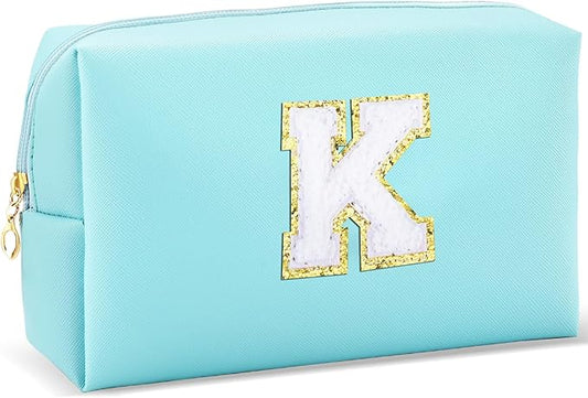 Gifts for Girls Initial Makeup Bag Personalized Cosmetic Bag with Zipper Cute Travel Toiletry Bag Waterproof PU Preppy Makeup Pouch Birthday Gift for Teen Girls Women(Blue K)