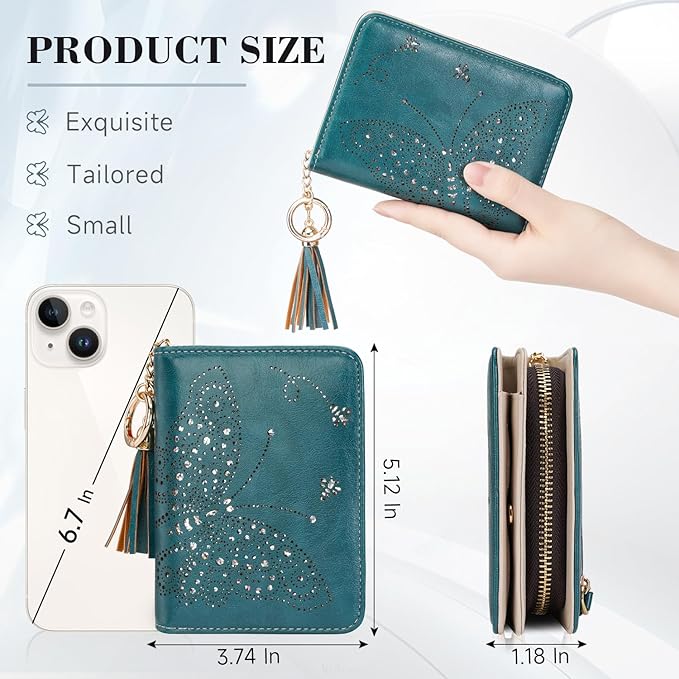 Women RFID Blocking Small Bifold Wallet, Compact Cash Clutch with Zipper Coin Pocket, Glittery Butterfly Design, Credit Card Holder, Travel Purse with Tassel PEACOCK-BLUE