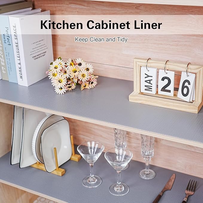 Drawer and Shelf Liner for Kitchen Cabinet, Non-Adhesive Cabinet Liner 18in x 10FT, Waterproof Shelf Paper Non-Slip Mats Cupboard Liners Contact Protect Dresser/Shelves/Table-Grey