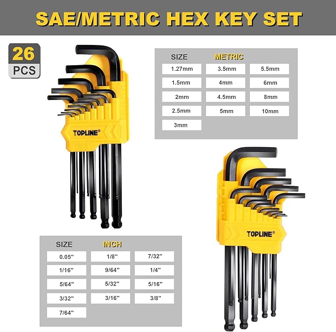 Topline 27-Piece Long Arm Allen Wrench Set with Ball End, SAE, Metric Hex Key Set Included, Hex L-Key Set, Portable Allen Key Set With Storage Rack for Basic Home Repair and General Applications