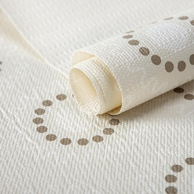 FIFTY FEET 18X96 Inch Shelf Liner for Kitchen Cabinets, PVC Drawer Liner for Dresser Non-Slip Bathroom, Non-Adhesive Cabinet Liner Washable (Beige Circle)(2 Roll)