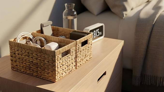 SODAANUS Water Hyacinth Storage Baskets Set of 2 - Medium Decorative Wicker Baskets for Organizing Shelves, Rectangular Woven Storage Bins with Handles for Pantry, Bathroom, Living Room 13"x9"x7"