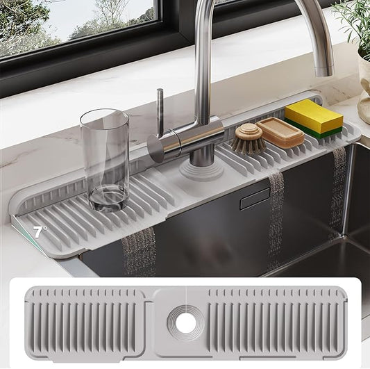 24 Inch Silicone Faucet Mat for Kitchen Sink Splash Guard - 7° Slope Water Draining Mat With Fasten Button for Bathroom Area (Gray, 24''x5.5'')