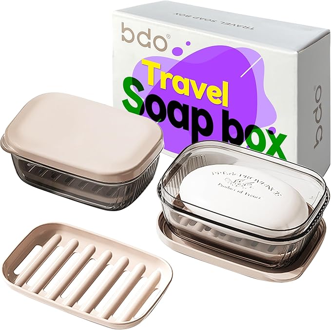 Travel Essentials Soap Holder with Lid,Leakproof Soap Dish with Drainage Layer, Portable Travel Soap Bar Case for Camping, Gym, Bathroom,Kitchen,Dormitory,Hotel(Clear)