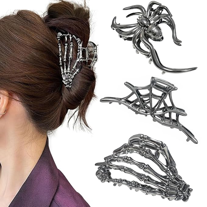 3 Pieces Large Metal Spider Net Hand Hair Claw Clips for Women and Girls Thick Long Hair, Nonslip Skeleton Spooky Barrette Headband Hair Styling Accessories for Halloween Christmas Gifts