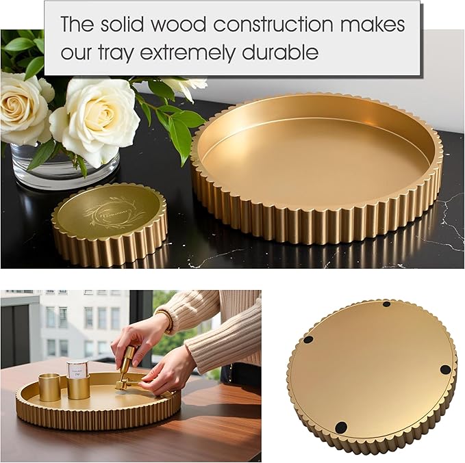 Modern Table Round Decorative Trays 2pcs Home Decor - Circle Coffee Table Centerpiece Set 12"/10" - Wooden Golden Ottoman Tray with Fluted Edge