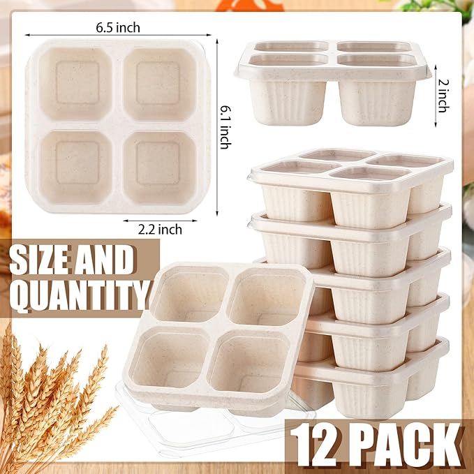 12 Pcs 4 Divided Compartments Snack Containers Bento Wheat Straw Snack Box with Lid Reusable Meal Prep Lunch Box Food Storage Containers for Adults Christmas Travel Work Gifts(Beige)