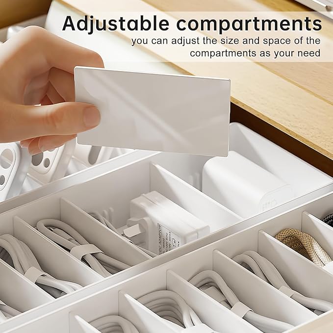 PAVSTINE White Plastic Cable Organizer Box with Adjustment Compartments, Stackable Desk Accessories Storage Case with 7 Wire Ties for Drawer Supplies, Stationery, Battery and Charger Cord Storage
