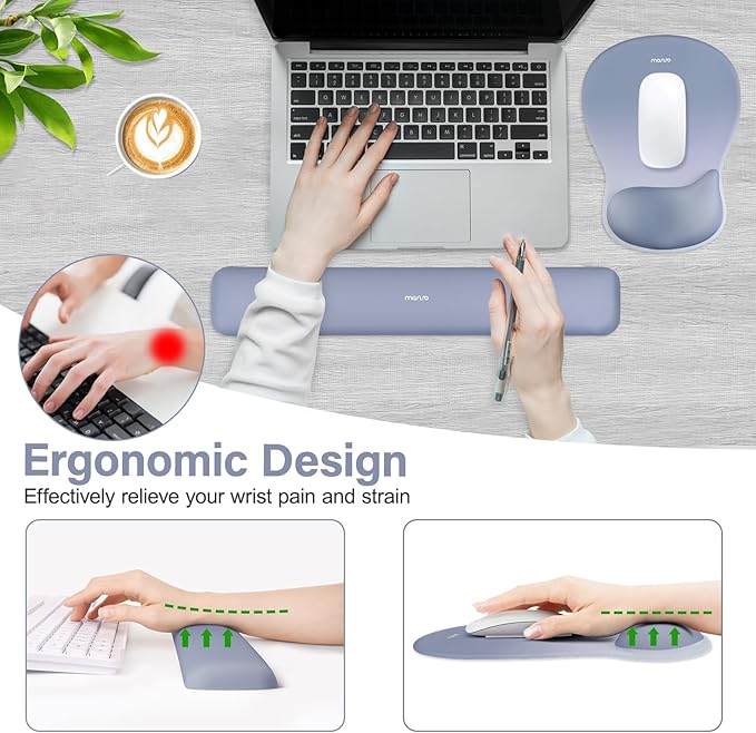 MOSISO Wrist Rest Support for Mouse Pad&Keyboard Set, Ergonomic Mousepad with Concave Curved Memory Foam, Non-Slip Base Pain Relief Comfortable Rectangular Easy Typing Pad for Home/Office,Stone Blue
