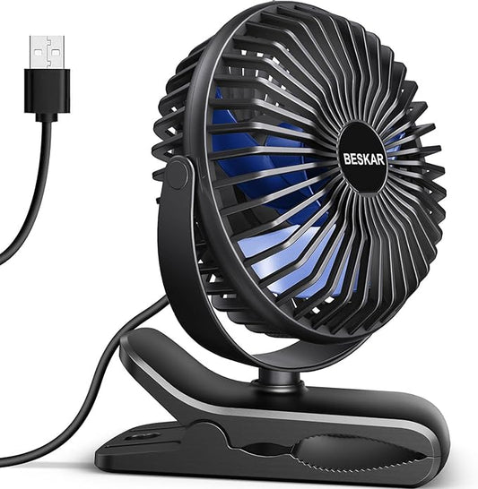 BESKAR USB Clip on Fan, Portable Small Fan with Cord Powered, 3 Speeds Strong Airflow, with Sturdy Clamp, Quiet Personal Desk Fan