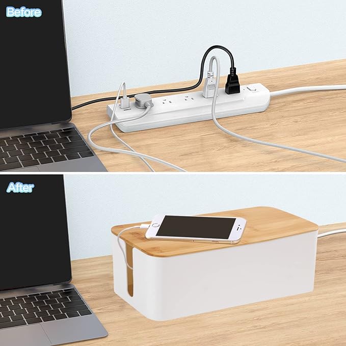 Cable Management Box Organizer, Set of 3 Bamboo Lid Storage Wires Holders to Cover and Hide Surge Protectors, Power Strips & Cords - with 5 Cable Fastening Tapes for Home, Office, Desk, PC, TV, USB Hub