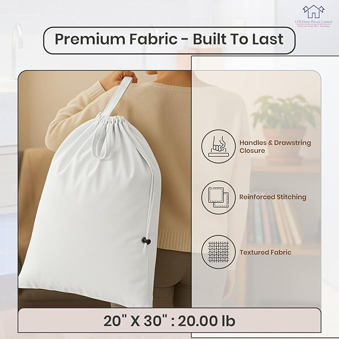 LFH Home Cotton Canvas Large Laundry Bag with Handle, Heavy Duty Drawstring Closure Washable Laundry Bags, School Travel, Home, Hotel, College Dorm, Organizer Sack, Toy Clothes 20x30 (Pack of 4)-White