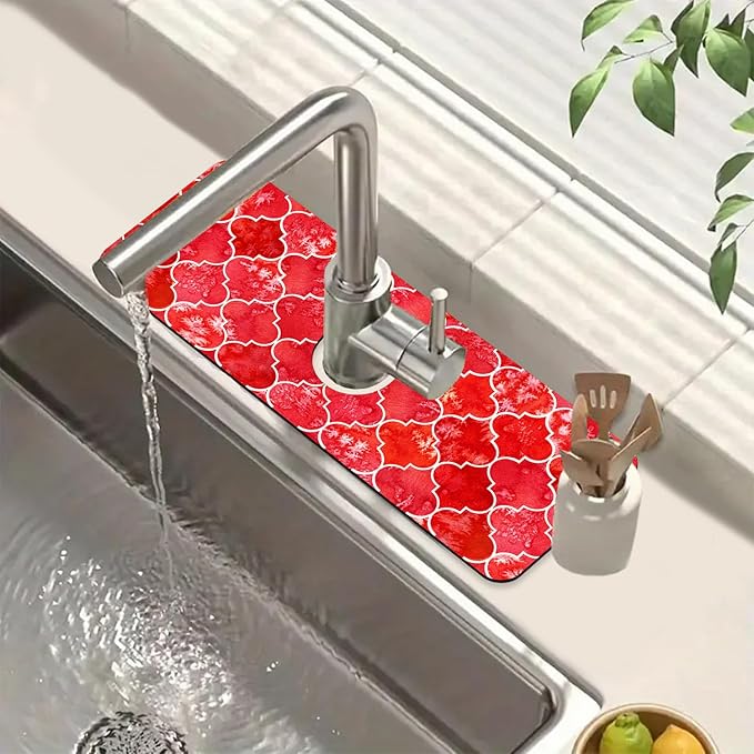 Watercolor Moroccan Marbled Kitchen Sink Splash Guard Faucet Mat Red Tiles Super Absorbent Fast Drying Mat Sink Splash Guard Behind Faucet for Kitchen Bathroom, 15.5"x5.5"