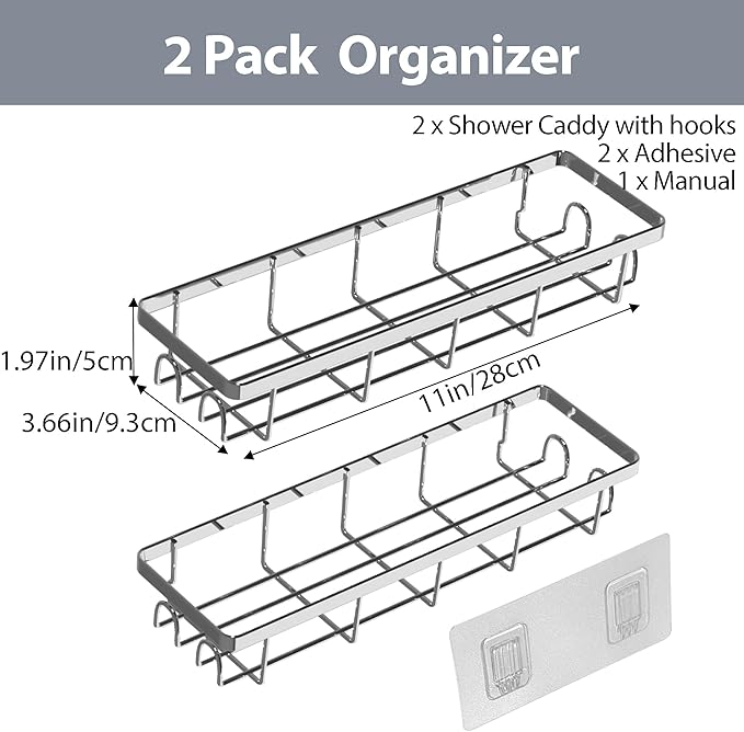 Shower Caddy Organizer with Hooks, Self Adhesive Bathroom Shelves, No Drilling Bathroom Organizers and Storage, Perfect for RV, Apartment, Home Decor, 2 Pack Silvery