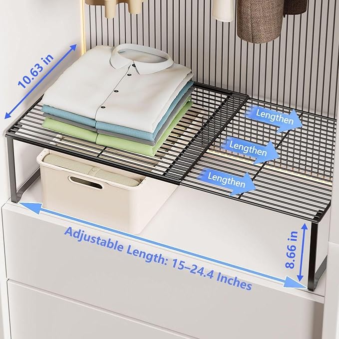 Extendable Metal Wire Shelf Organizer - Adjustable 15-24.4in Length, Stackable Storage Rack for Kitchen/Pantry/Bathroom/Shoe Cabinet/Tool Closet (2, White)