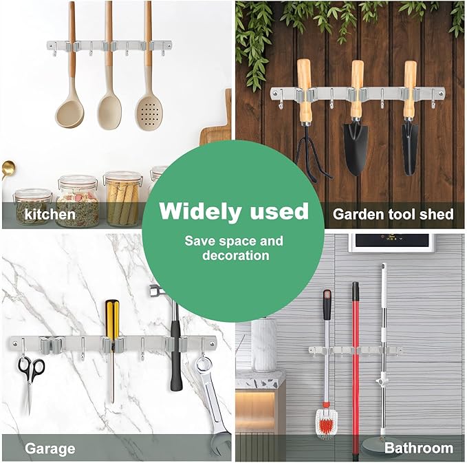 2 Pack Broom Holder Wall Mount 3 Racks 4 Hooks Stainless Steel Broom Mop Holder Anti Slip Storage Rack Strong Load Bearing Waterproof Broom and Mop Organizer Wall Hanging for Bathroom Kitchen Garage