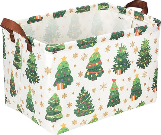 Rectangle Christmas Basket,Candy Storage Basket with Handles,Kids Gift Storage Box,Cute Canvas Organizer Bin for Pet,Books Basket,Toys Bin,Gift Baskets(Christmas Tree)