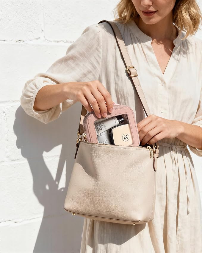 Clear Makeup Bag Set, Small Portable Clear Makeup Bag Cute Waterproof Travel Cosmetic Bag Makeup Pouch TSA Approved Toiletry Bag Women Traveling Car Organizer Car Essentials (Pink, Standard + Mini)