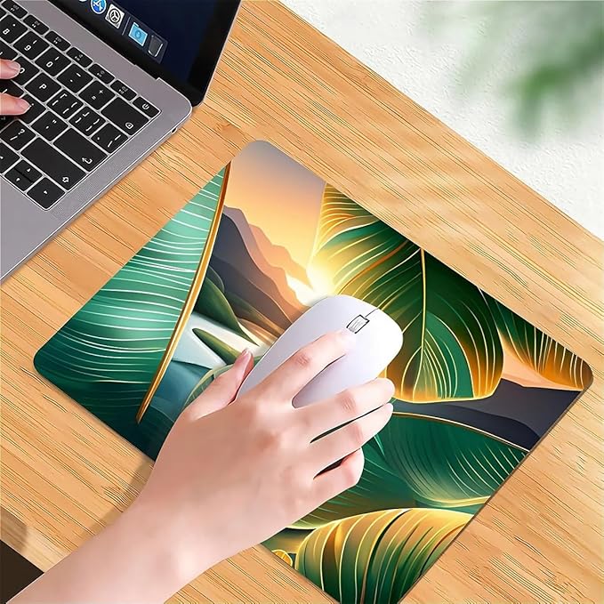 Square Mouse Pad Tropical Leaf & Mountain Sunset, Personalized Premium-Textured Custom Mouse Mat Design, Washable Mousepad Cloth, Non-Slip Rubber Base Computer Mouse Pads for Wireless Mouse