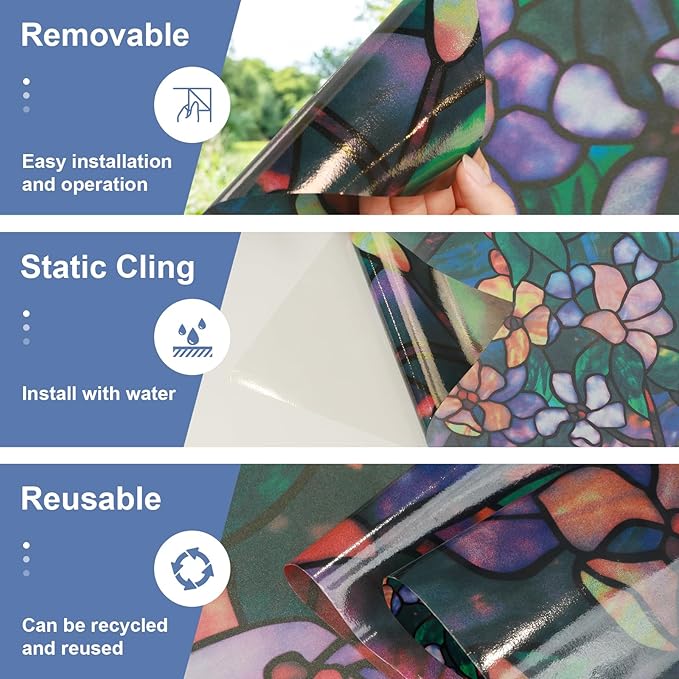 Window Privacy Film Stained Glass Window Films Day and Night, Static Cling Decorative Window Tinting Clings Door Covering for Home, Bathroom, Sun Blocking Decals Stickers (17.5" x 78.7")