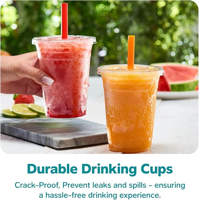 GUSTO [16 oz. - 100 Count Clear Cups with Flat Lids & Straws - Disposable Clear Drinking Cups for Iced Coffee, Cold Drinks, Milkshakes, and Smoothies - Formerly Comfy Package