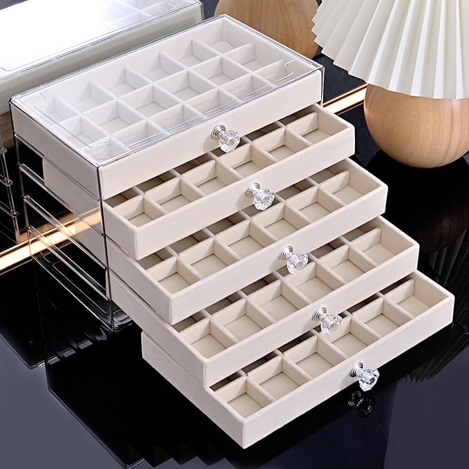 SPAKOWN Earring Box Holder Organizer Display Case, Clear Velvet Jewelry Storage Tray Organizer for Earring Ring Stud (Beige - 5 Drawers)