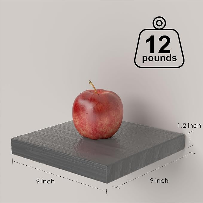 Small Floating Shelves for Wall - 12 x 9 Inch Grey Shelves for Bedroom, Living Room, Bathroom, Kitchen, Office Decor Set of 3