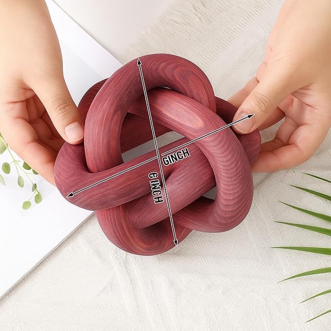 3 Link Wood Knot Decor - Hand Carved Coffee Table Decoration, Boho Chain Link Decor, Modern Shelf, Rustic Objects for Home Living Room Bedroom (Reddish-Brown)