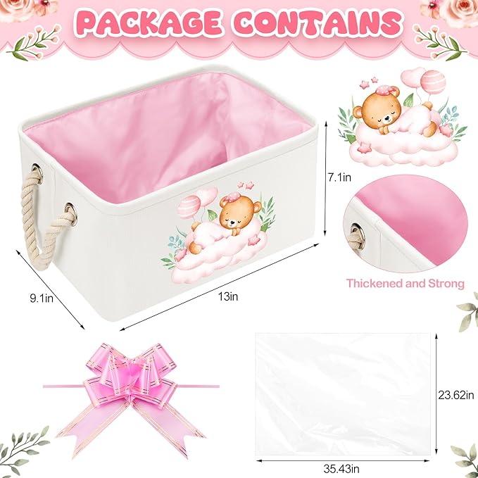 Pickmesh Baby Shower Storage Basket with Gift Bags Rectangular Ribbons Collapsible Canvas Storage Bin with Handles for Diaper Organizing Toy Home DIY Gift Basket, 13 x 9. 1 x 7. 1 Inch(Pink Bear)