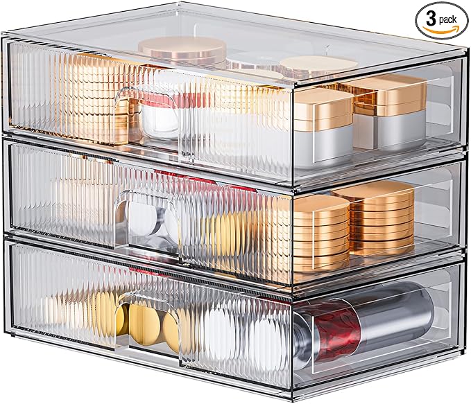 ZHIAI Stackable Storage Drawer, 3 Piece Acrylic Organiser for Cosmetics and Beauty Products, Suitable for Dressers, Bathrooms, Cabinets, Storage Rooms, Bedrooms and Home Organisers