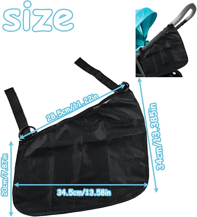 2 Pack Universal Side Sling Stroller Organizer with Mesh Cargo Net, Adjustable and Non-Slip Stroller Storage Bags, Portable Side Sling Stroller Cargo Net for Baby Accessories (Black)
