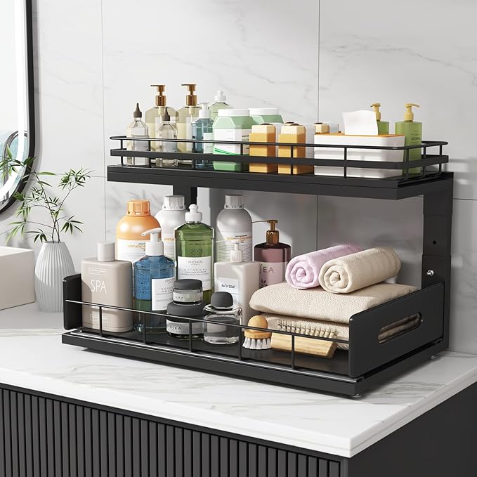 1 Pack 18 IN Depth Under Sink Organizer with Smooth Ball Bearing Slides, 2-Tier Pull Out Cabinet Storage, Slide Out Drawers for Bathroom&Kitchen, Rust-resistant Coating, Height Adjustable - Black