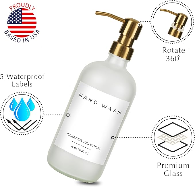 Emerson Essentials Glass Soap Bottle Dispensers, 2 Pack, Stainless-Steel Pumps Rust-Free, Hand Set for Bathroom Kitchen Sink, Liquid Lotion Shampoo Jars with 4 Waterproof Labels, 16 Oz Frost