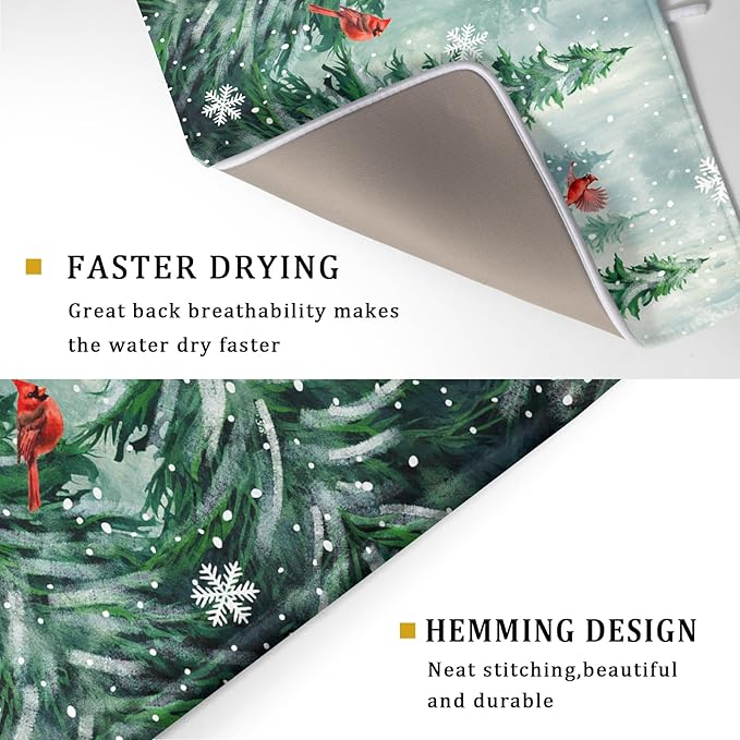 Welcome Winter Pines Tree Dish Drying Mat, Winter Snowflake Dish Drying Mat for Kitchen Counter, Red Birds Absorbent Fast Dry Dish Drainer Mat Protector Xmas Microfiber Dish Drying Pad 16"x18"