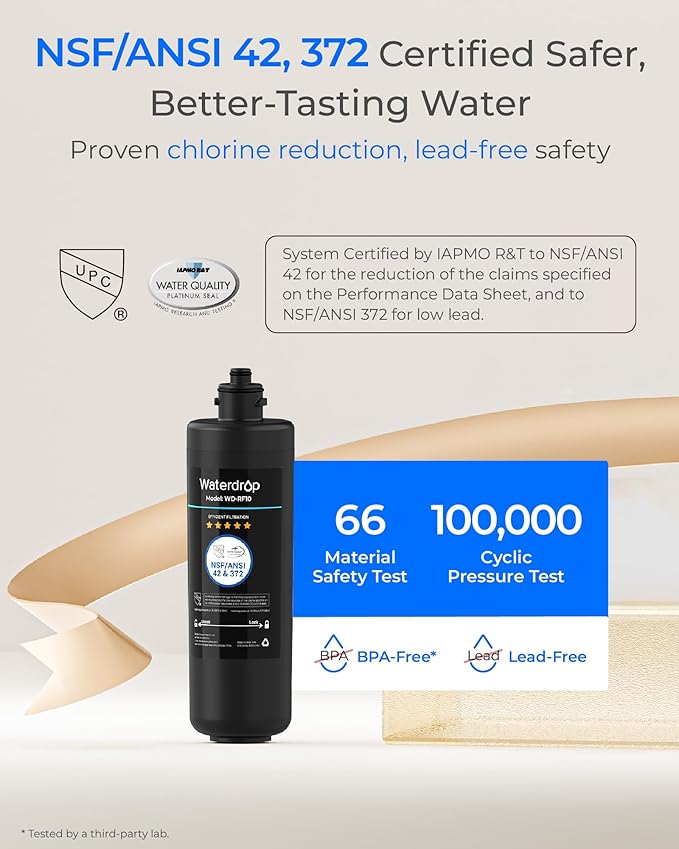 Waterdrop RF10 Water Filter Replacement for Waterdrop 10UA/10UB/10UB-B Under Sink Water Filter, Reduces PFAS, PFOA/PFOS, Lead, Chlorine, Bad Taste & Odor, NSF/ANSI 42 Certified, 1 Year, 1 Pack