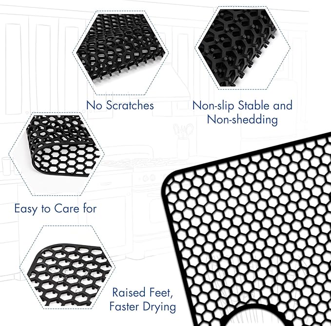 Silicone Sink Protectors for Kitchen Sink with Rear Drain - 26"x 14" Kitchen Protector Accessory, Non-Slip Heat Resistant Grid Mat for Bottom of Farmhouse Stainless Steel (Rear Hole, Black)